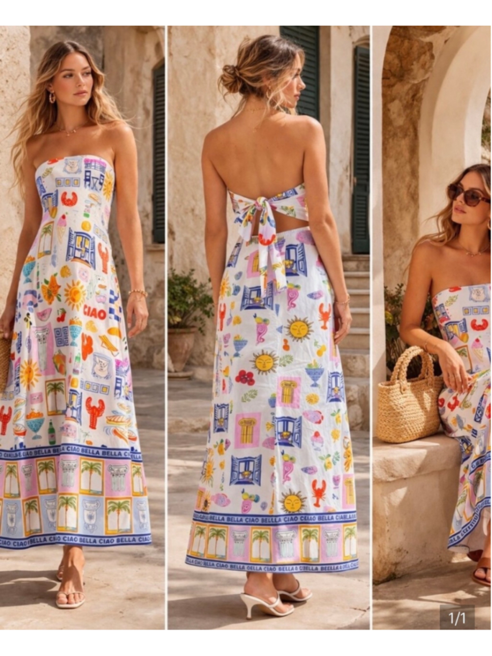 Japna Mediterranean/Coastal Print Strapless Maxi Dress Size XL (18” PTP) NWT